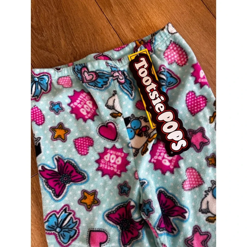 Tootsie Pops Mr Owl Fleece Pajama Pants Kids Size 10/12 Blue Hearts Stars NWT